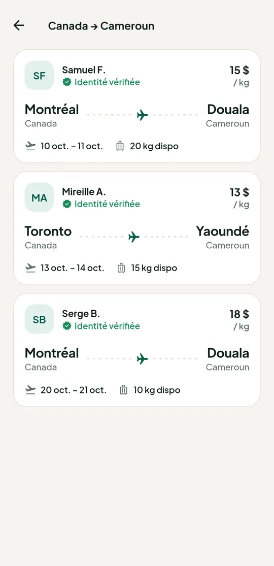 Recherche de voyageurs dans l’application KiloPlane