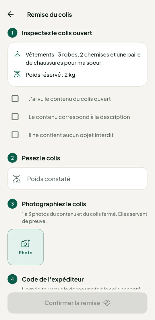 Remise du colis : inspection, photos et code